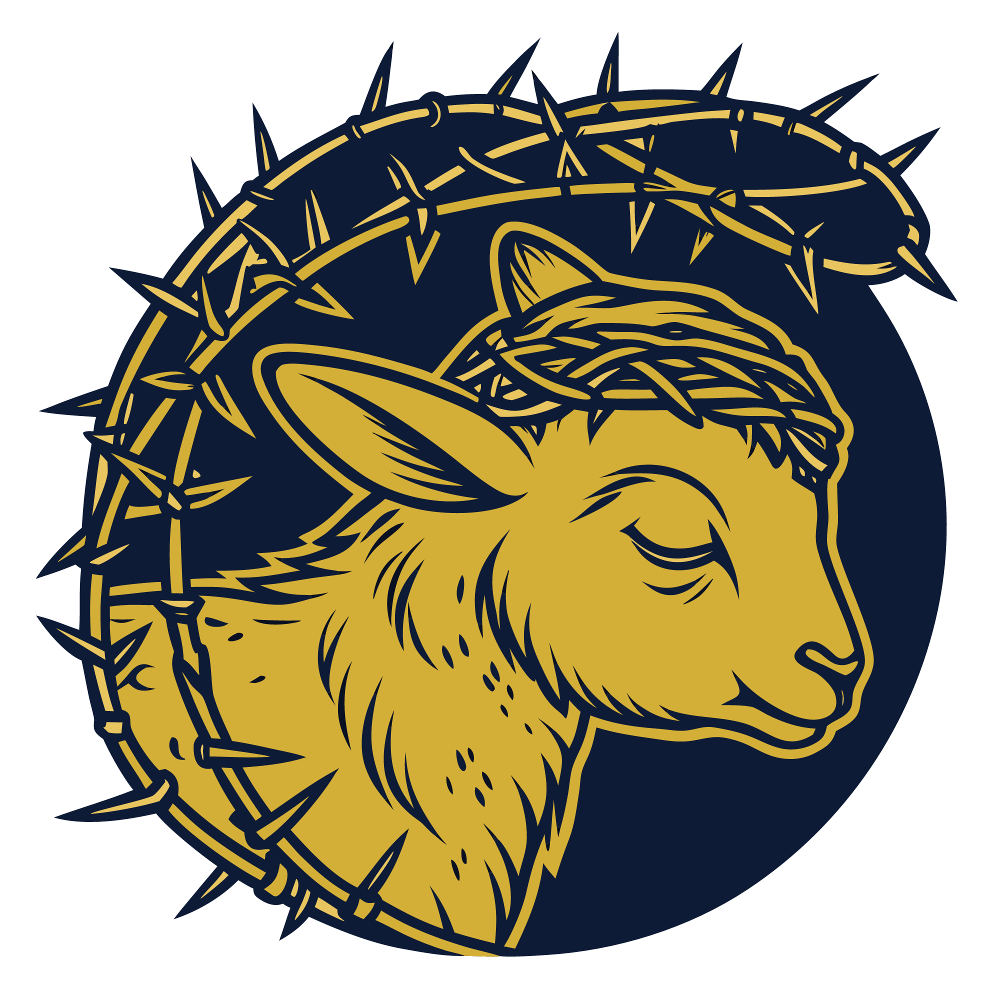 The Veiled Lamb mark, gold on navy, on a black ground