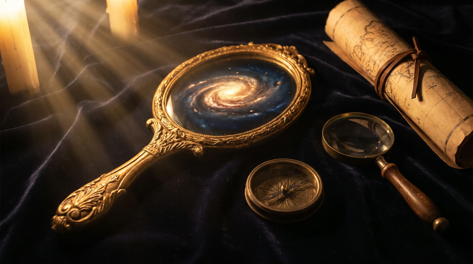 A gilded hand mirror reflecting a spiral galaxy, beside a compass and a rolled map