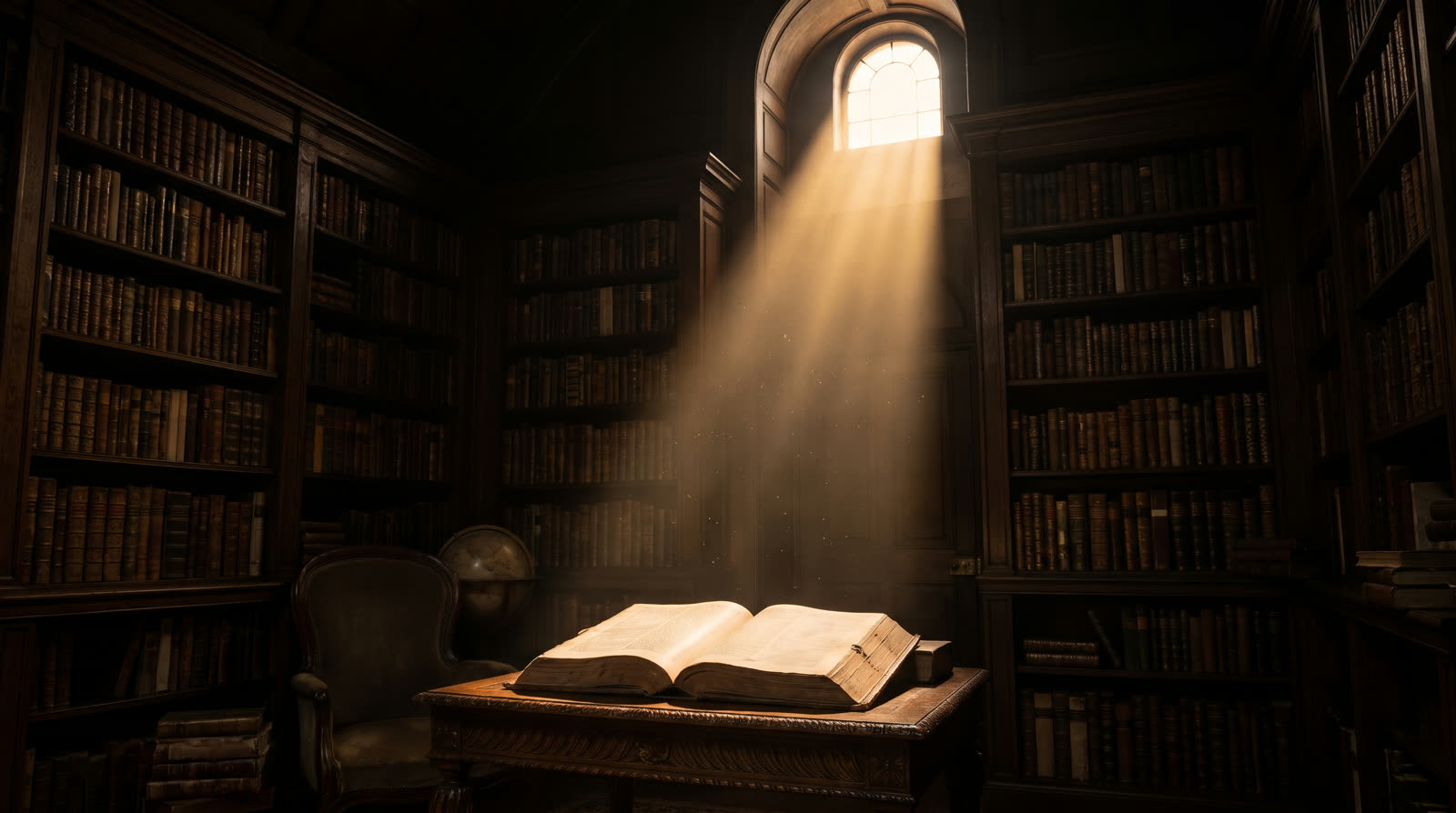 A dark library at night, one shaft of light falling on an open folio Bible