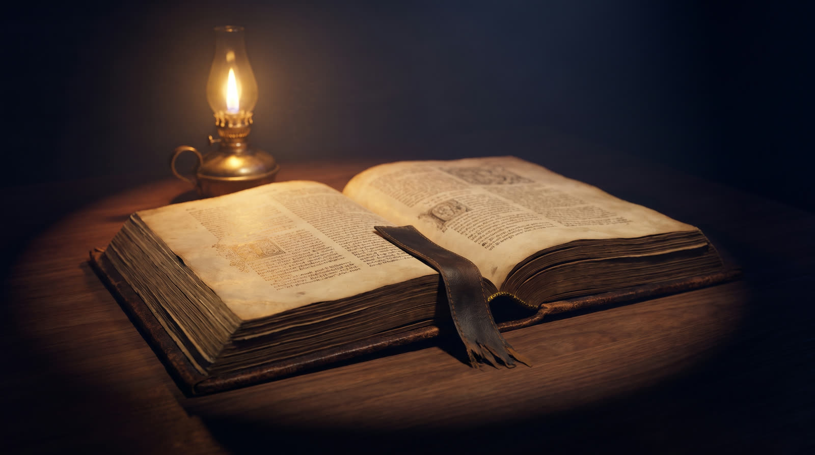 An antique folio Bible open on a dark desk, lit by a small brass oil lamp