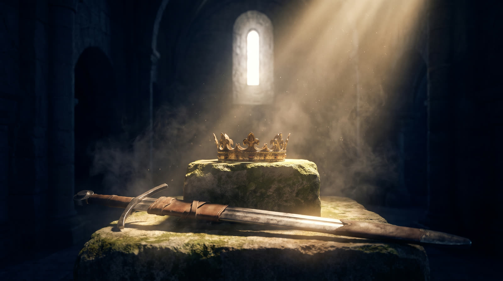 A golden crown on a stone altar with a sword laid before it, struck by a beam of light